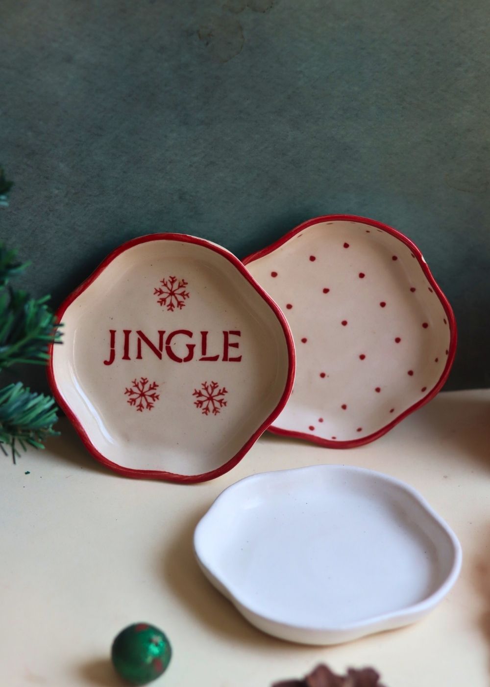 Set of 3 - Jingle Bell Handmade Dessert Plates handmade in india