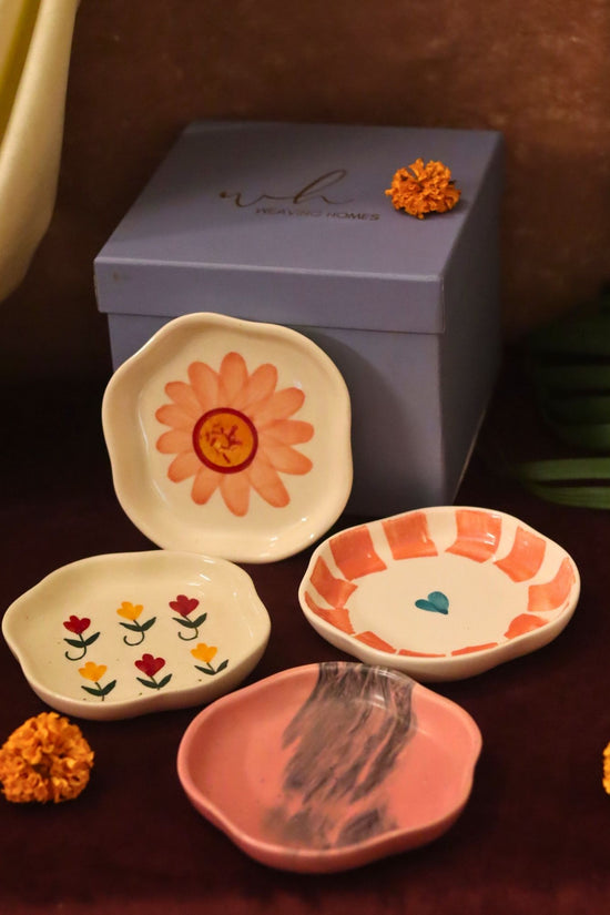 handmade lead free Set of 4 - Flower, Striped heart, Surajmukhi & Pastel tulip handmade dessert plate combo in a Gift box
