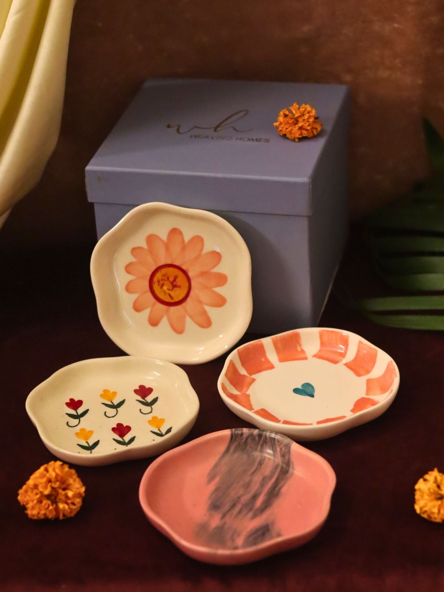 handmade lead free Set of 4 - Flower, Striped heart, Surajmukhi & Pastel tulip handmade dessert plate combo in a Gift box
