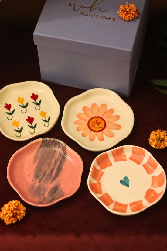 Set of 4 - Flower, Striped heart, Surajmukhi & Pastel tulip handmade dessert plate combo in a Gift box with premium quality material