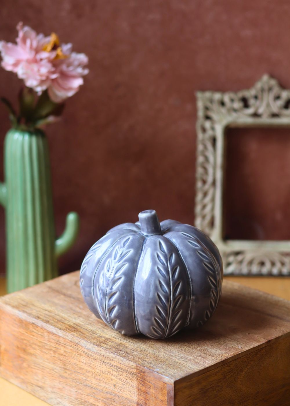 Handmade Grey Carved Pumpkin
