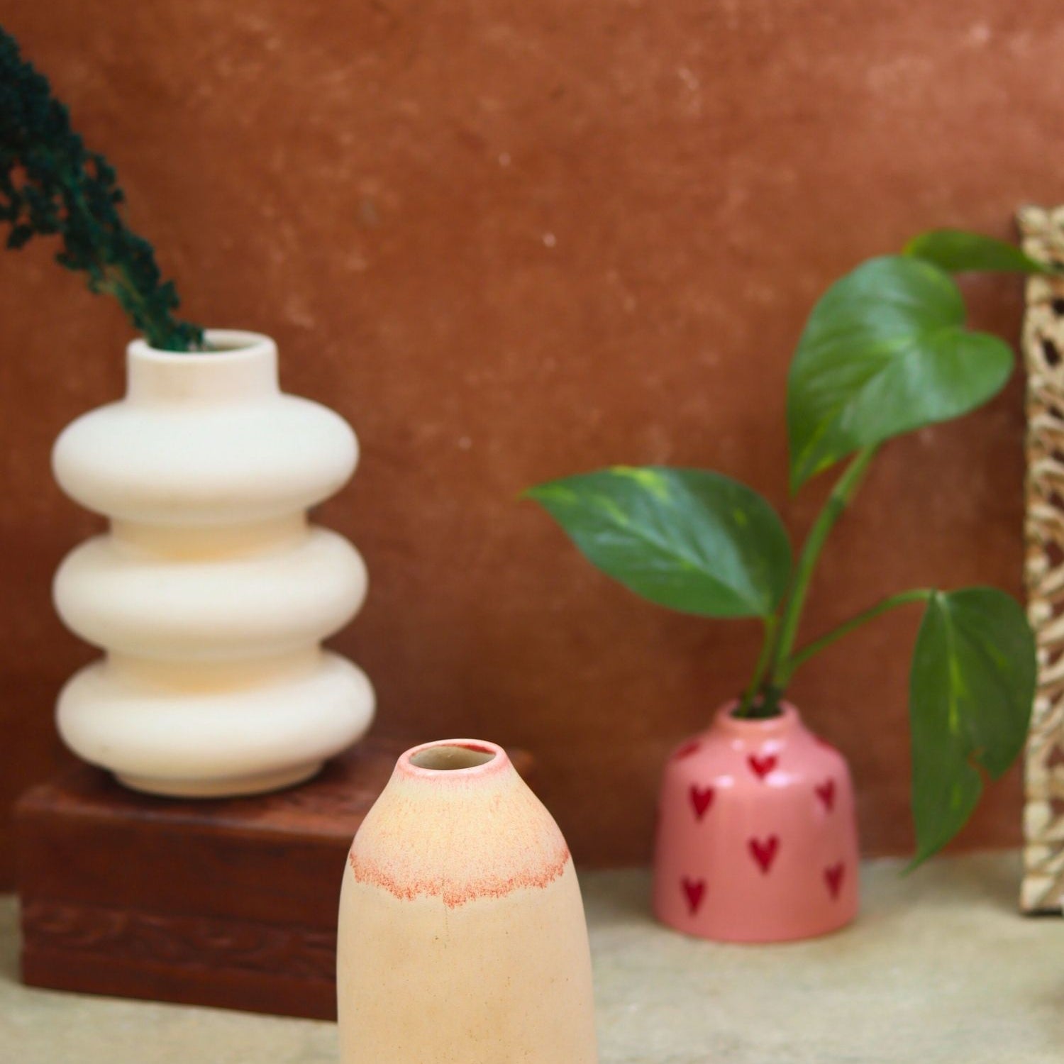 Handmade Set of 3 - Beige heart vases combo