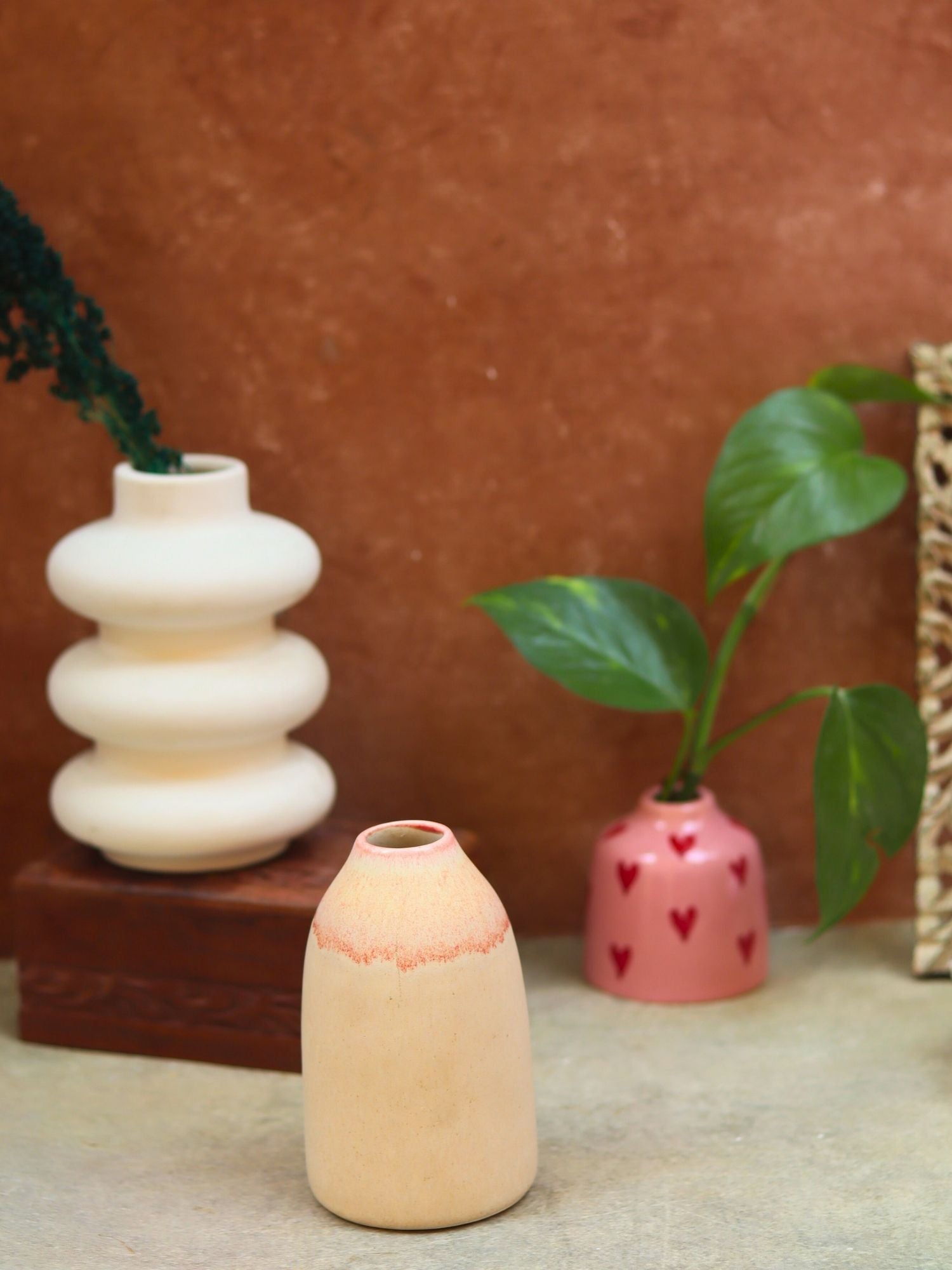Handmade Set of 3 - Beige heart vases combo