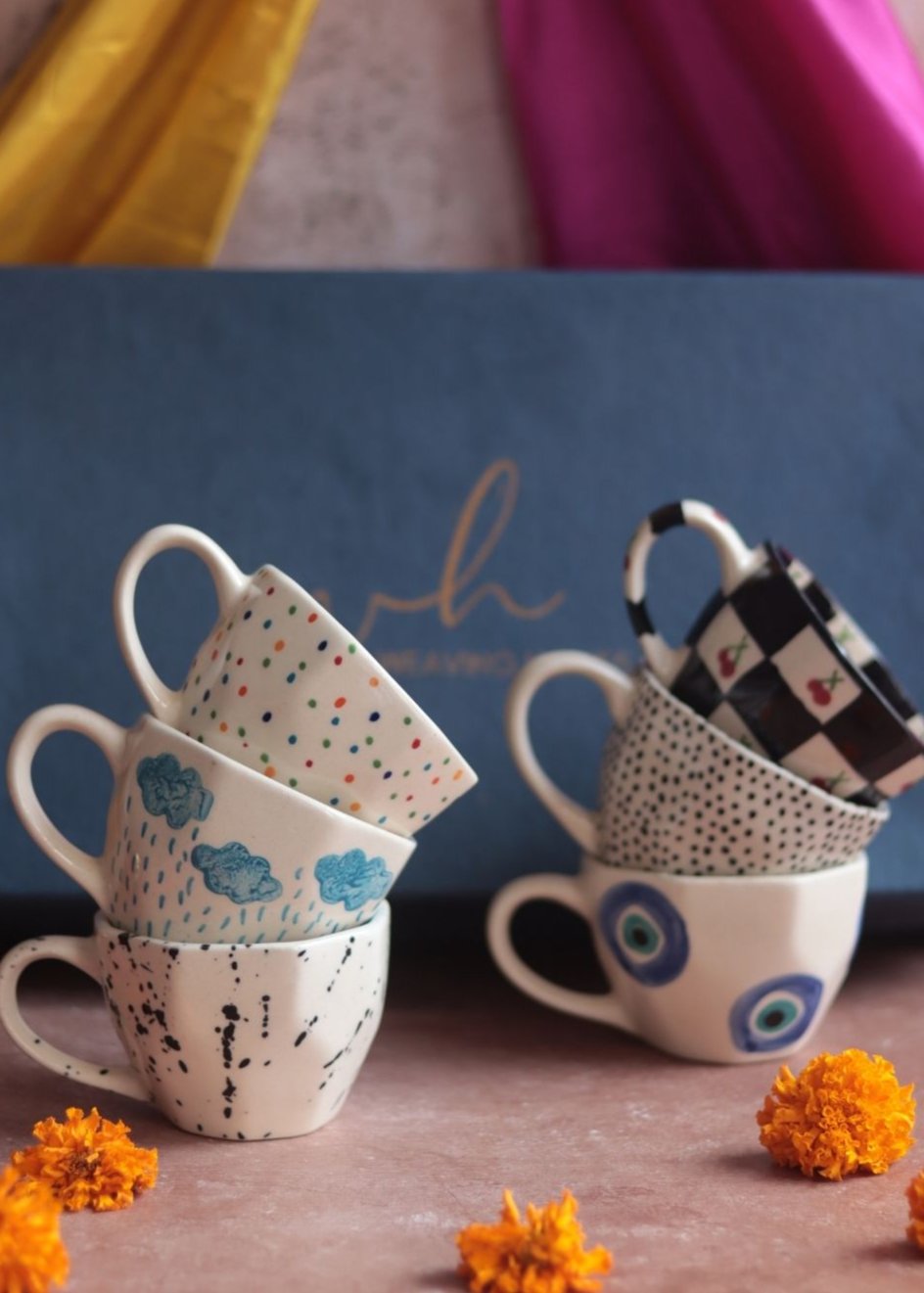 Set of 6 Black & Blue Artful Mugs (for the price of 5) Diwali Gift Box handmade in india