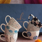 Set of 6 Black & Blue Artful Mugs (for the price of 5) Diwali Gift Box handmade in india