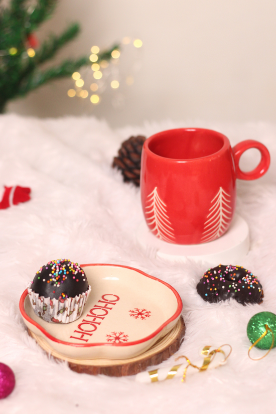handmade red christmas tree mug with HOHOHO dessert plate 