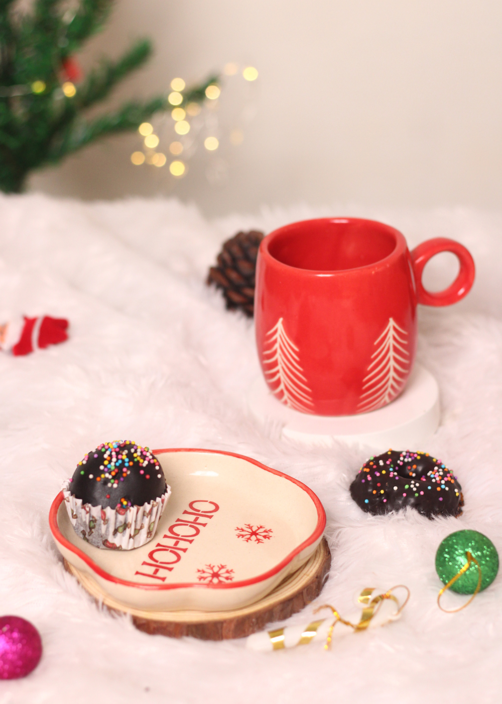 handmade red christmas tree mug with HOHOHO dessert plate 