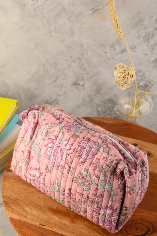 Block printed pink floral bag small size