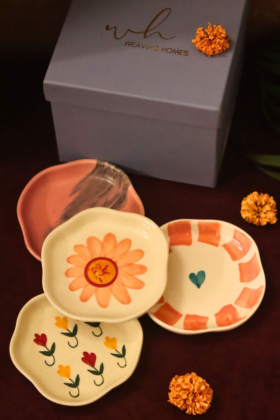 Set of 4 - Flower, Striped heart, Surajmukhi & Pastel tulip handmade dessert plate combo in a Gift box handmade in India