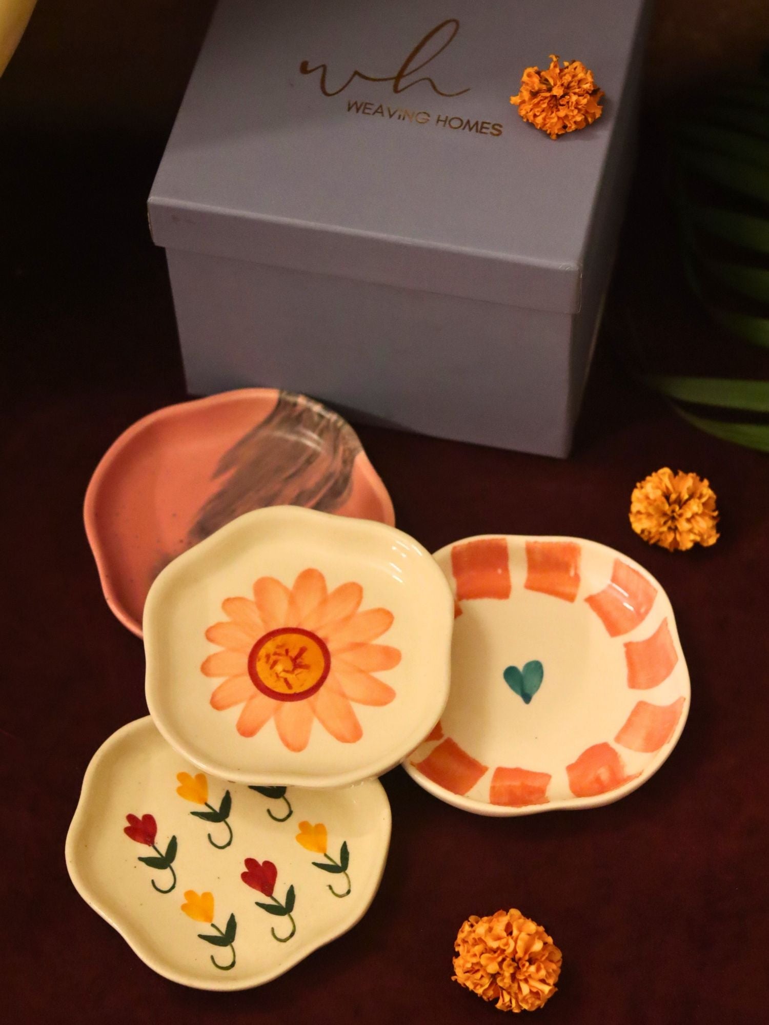 Set of 4 - Flower, Striped heart, Surajmukhi & Pastel tulip handmade dessert plate combo in a Gift box handmade in India
