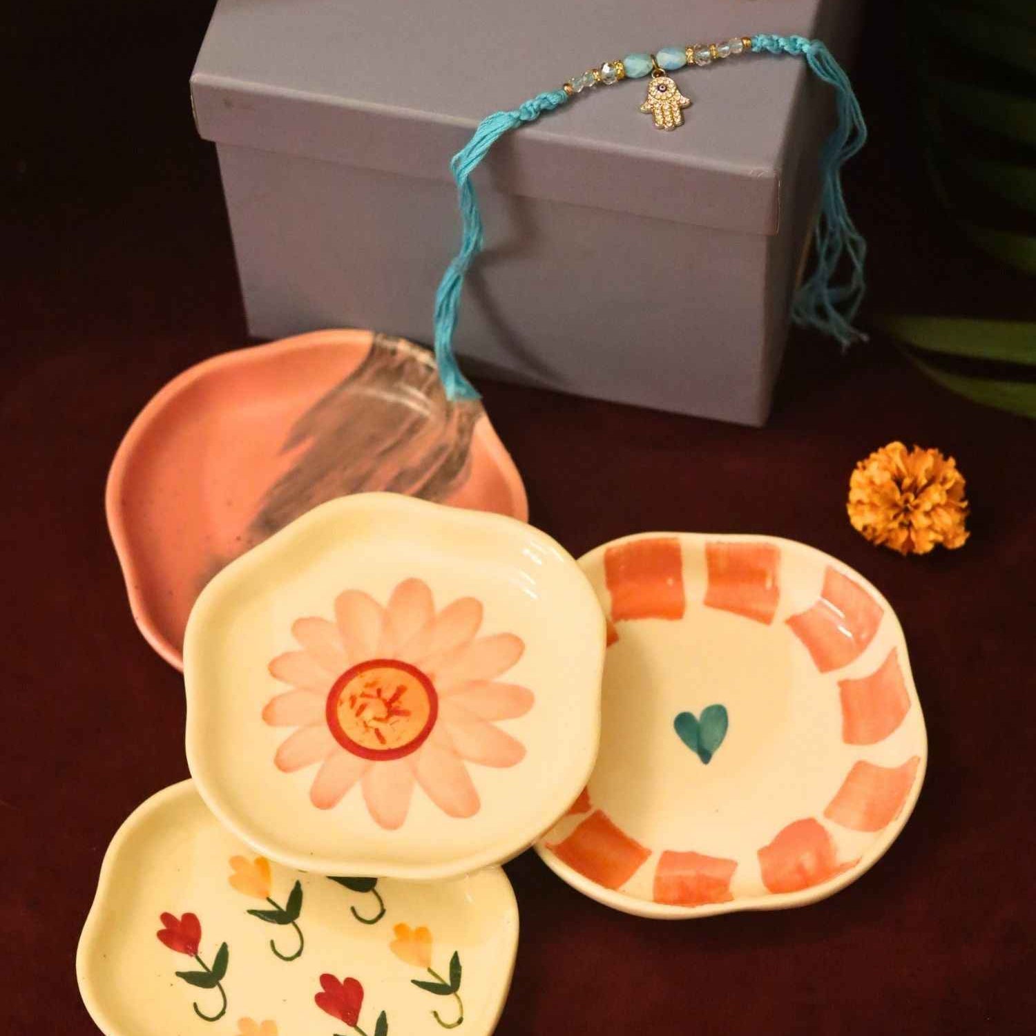 Set of 4 - Flower, Striped heart, Red Ombre & Pastel tulip handmade dessert plate combo Rakhi Gift box