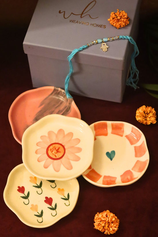 handmade lead free Set of 4 - Flower, Striped heart, Red Ombre & Pastel tulip handmade dessert plate combo Rakhi Gift box