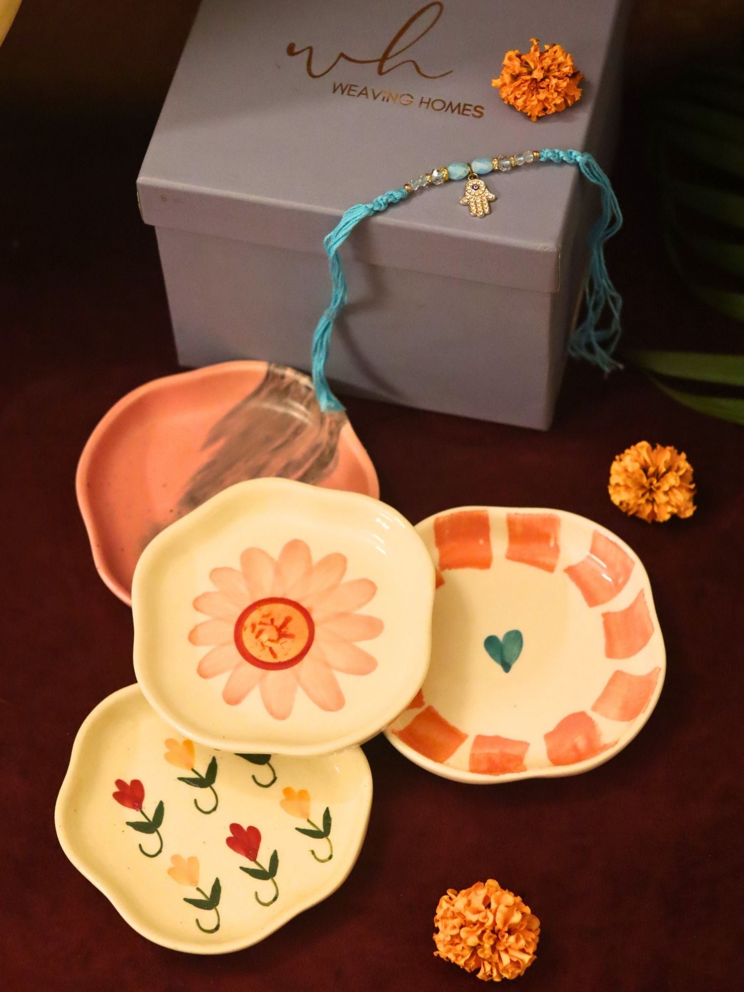 handmade lead free Set of 4 - Flower, Striped heart, Red Ombre & Pastel tulip handmade dessert plate combo Rakhi Gift box