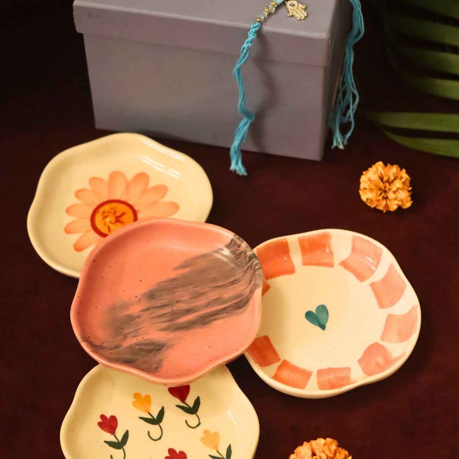 Set of 4 - Flower, Striped heart, Red Ombre & Pastel tulip handmade dessert plate combo Rakhi Gift box