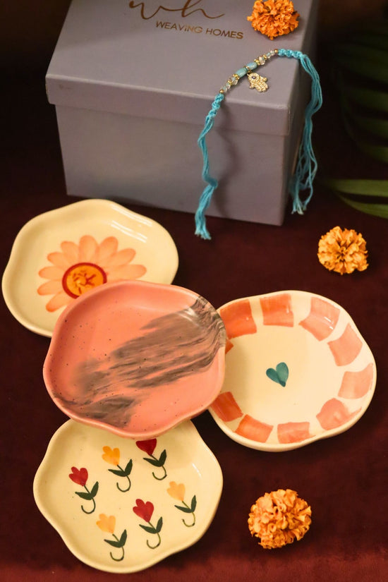 Set of 4 - Flower, Striped heart, Red Ombre & Pastel tulip handmade dessert plate combo Rakhi Gift box made by ceramic