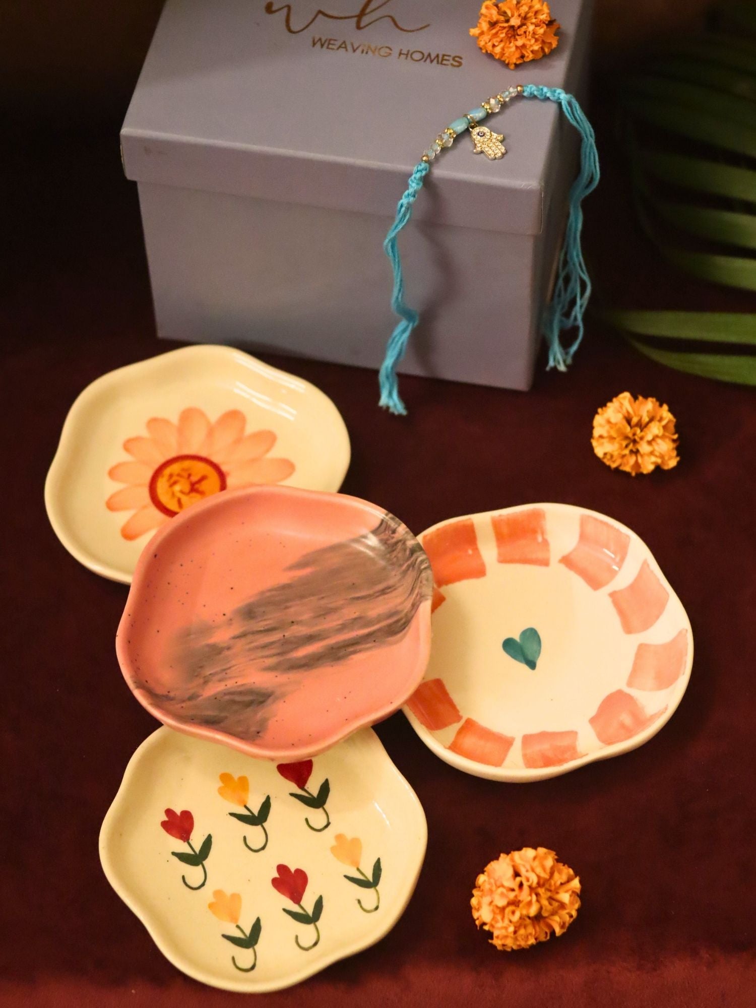 Set of 4 - Flower, Striped heart, Red Ombre & Pastel tulip handmade dessert plate combo Rakhi Gift box made by ceramic