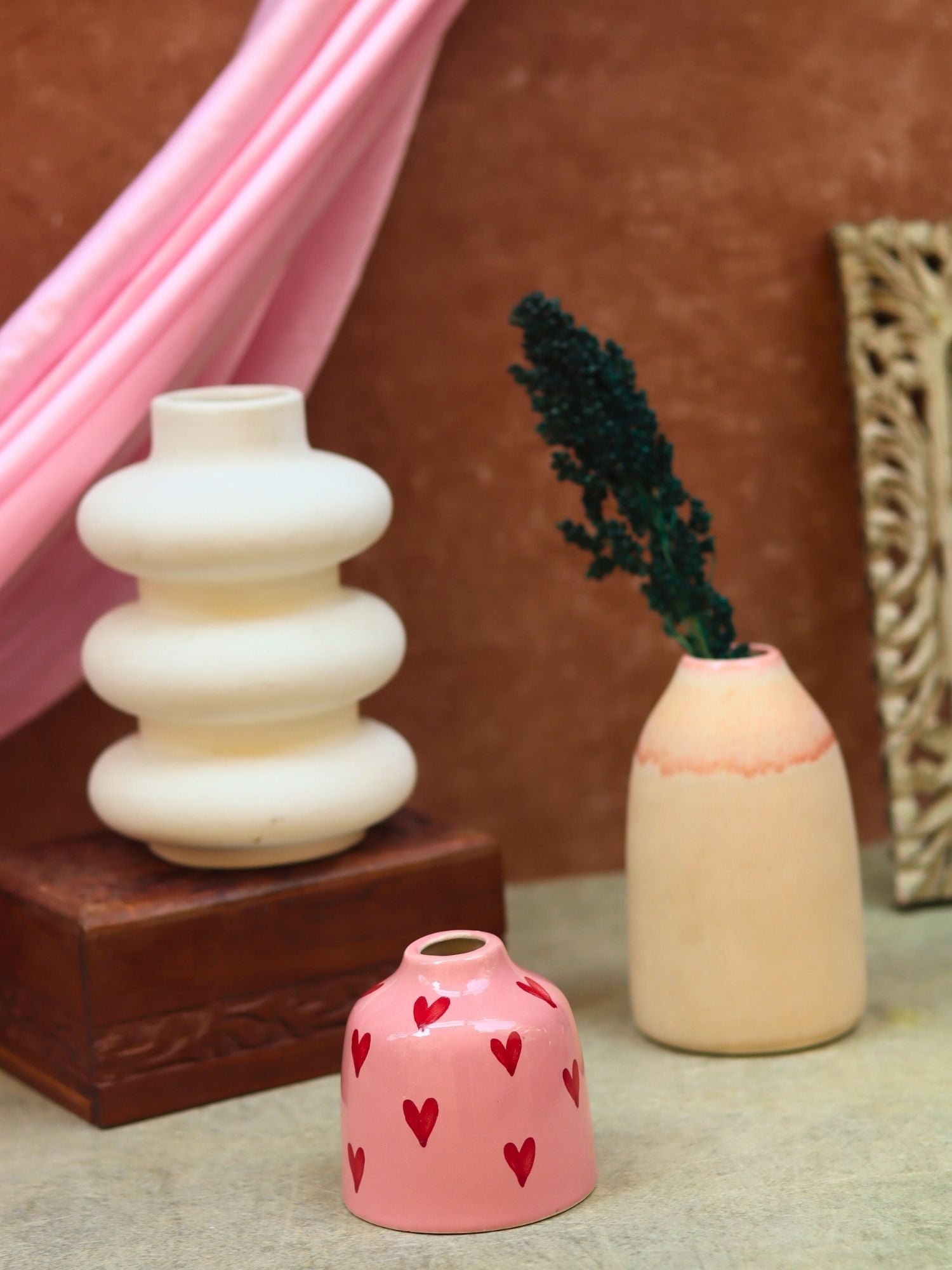 Set of 3 - Beige heart vases combo handmade in India