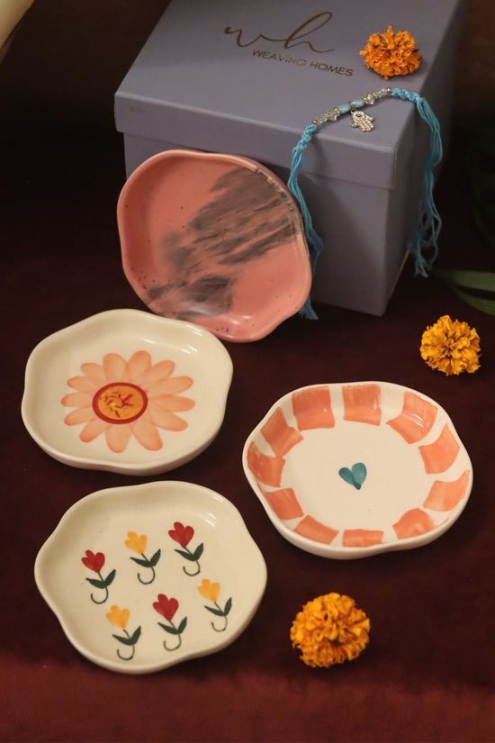 Set of 4 - Flower, Striped heart, Red Ombre & Pastel tulip handmade dessert plate combo Rakhi Gift box with premium quality material