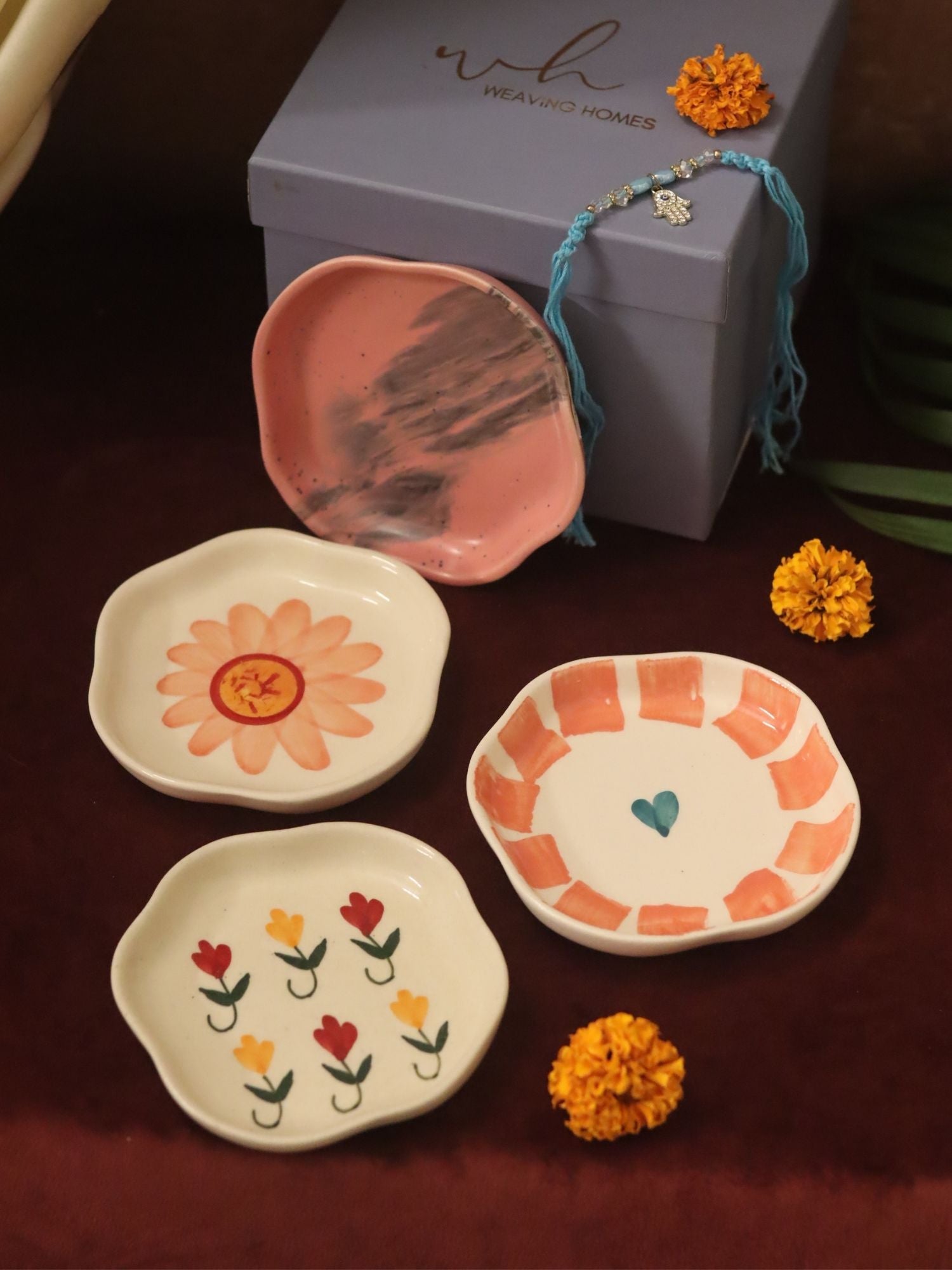 Set of 4 - Flower, Striped heart, Red Ombre & Pastel tulip handmade dessert plate combo Rakhi Gift box with premium quality material