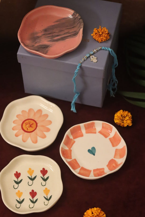 Set of 4 - Flower, Striped heart, Red Ombre & Pastel tulip handmade dessert plate combo Rakhi Gift box handmade in India