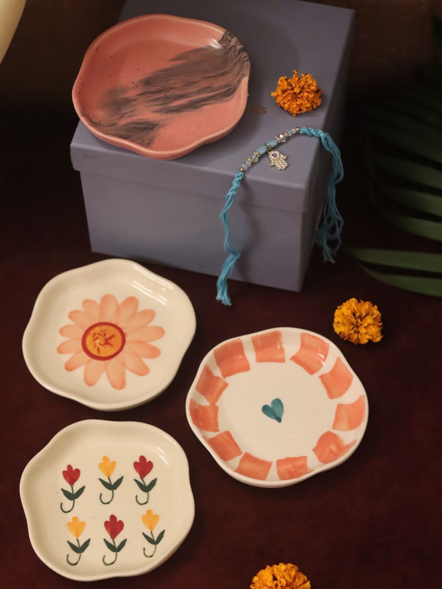 Set of 4 - Flower, Striped heart, Red Ombre & Pastel tulip handmade dessert plate combo Rakhi Gift box handmade in India