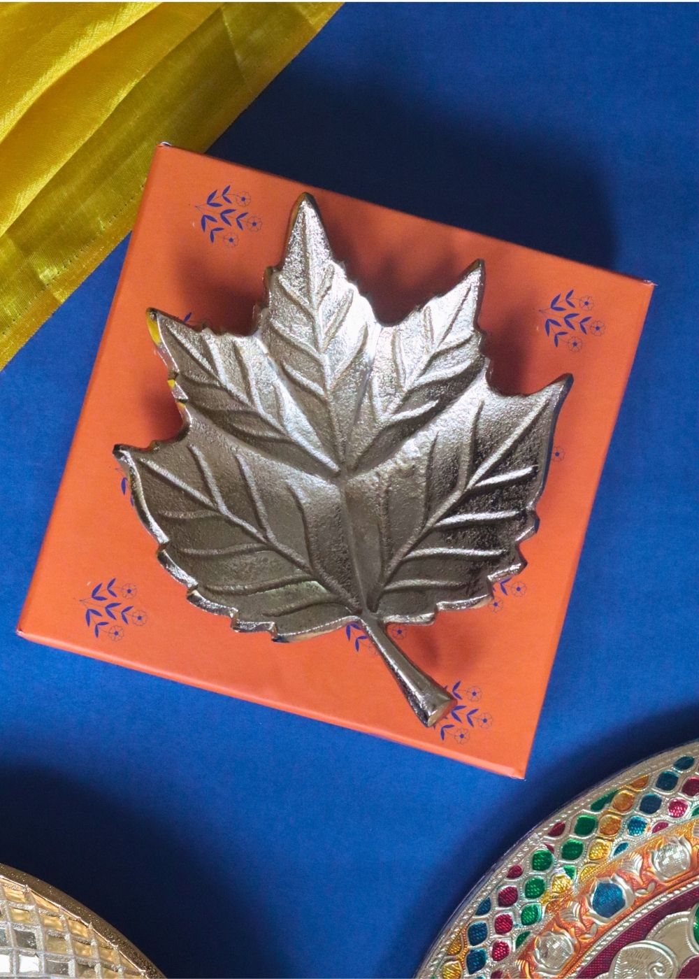 Golden  Leaf Patterned Bowl in a Gift Box handmade in india