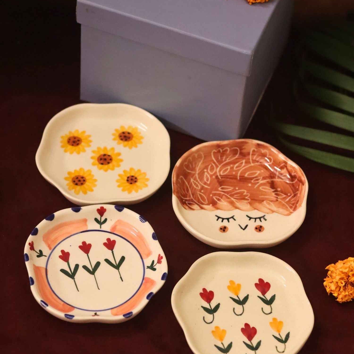 Set of 4 - Surajmukhi, Tweety, Peony & Pastel tulip handmade dessert plate combo in a Gift box