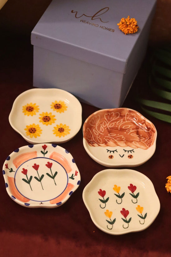 Handmade Lead free Set of 4 - Surajmukhi, Tweety, Peony & Pastel tulip handmade dessert plate combo in a Gift box