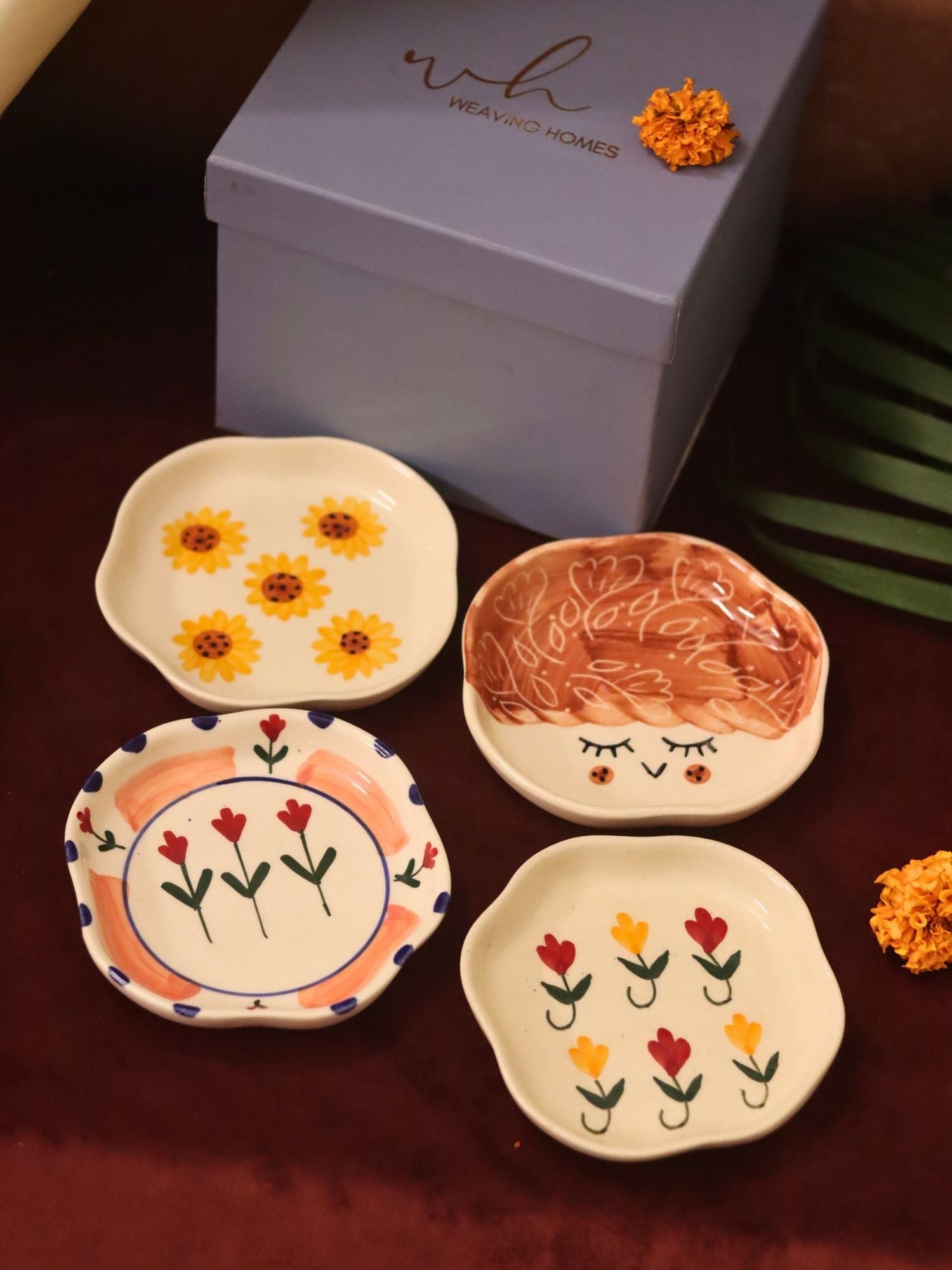 Handmade Lead free Set of 4 - Surajmukhi, Tweety, Peony & Pastel tulip handmade dessert plate combo in a Gift box