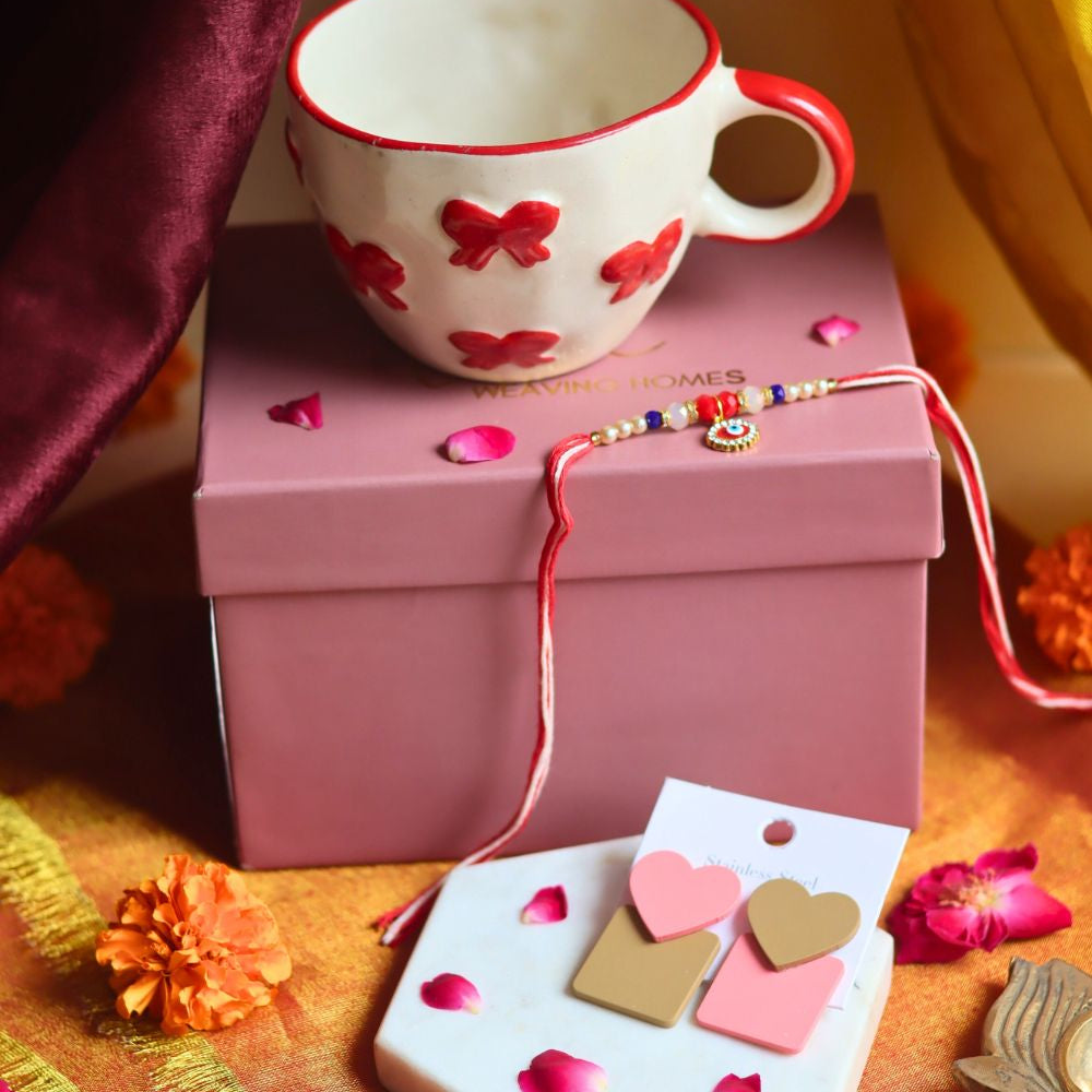 Rakhi Bow Mug gift box with Rakhi & Earrings handmade in India
