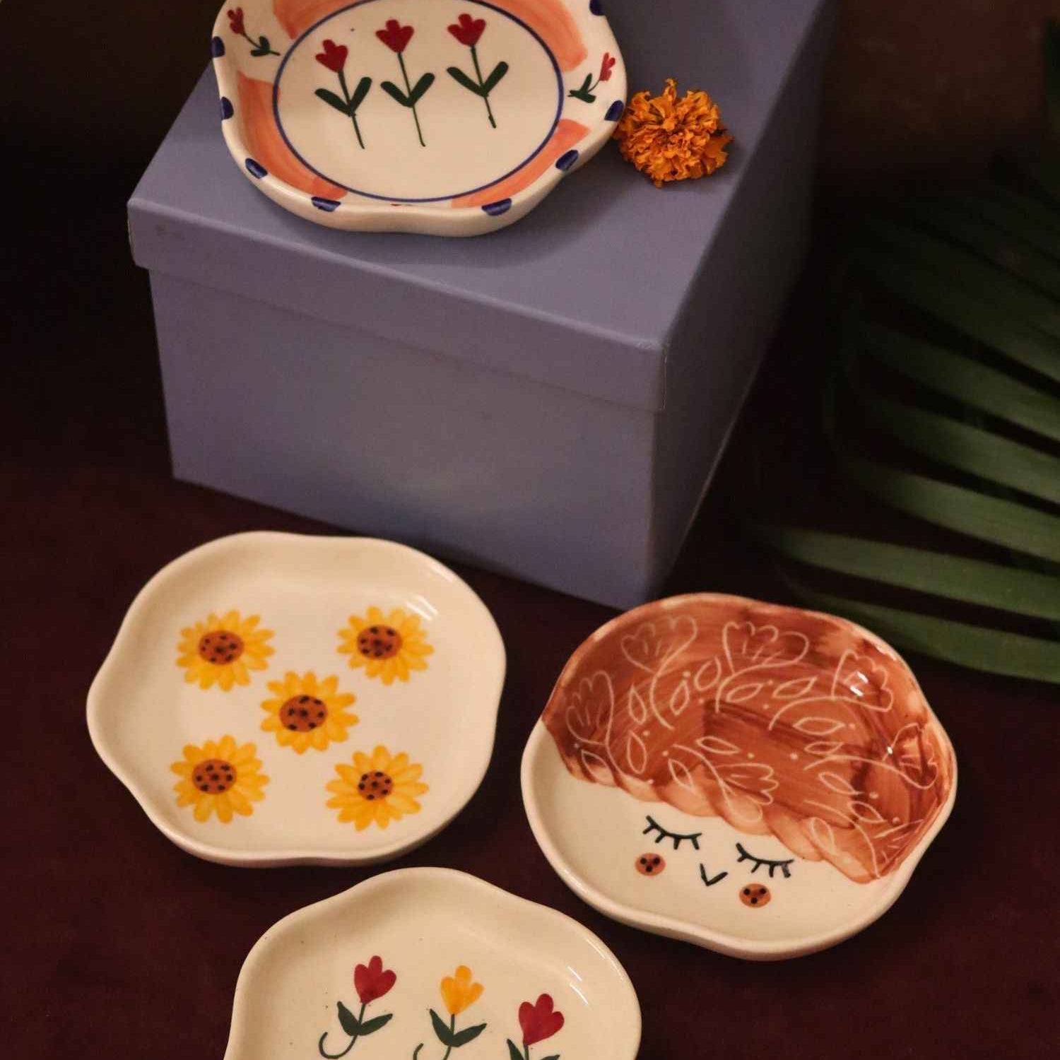 Set of 4 - Surajmukhi, Tweety, Peony & Pastel tulip handmade dessert plate combo in a Gift box
