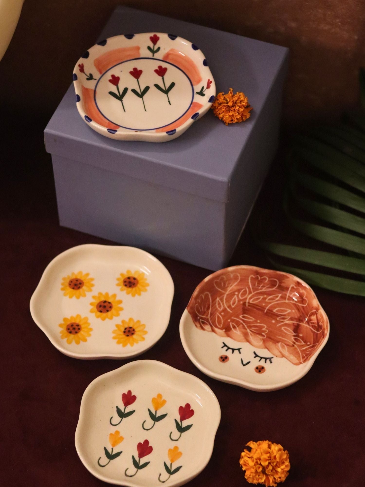 Set of 4 - Surajmukhi, Tweety, Peony & Pastel tulip handmade dessert plate combo in a Gift box made by ceramic