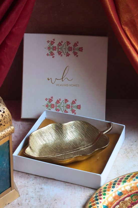 Handmade Gold-Plated Hazel Leaf Decorative Platter in a Gift Box
