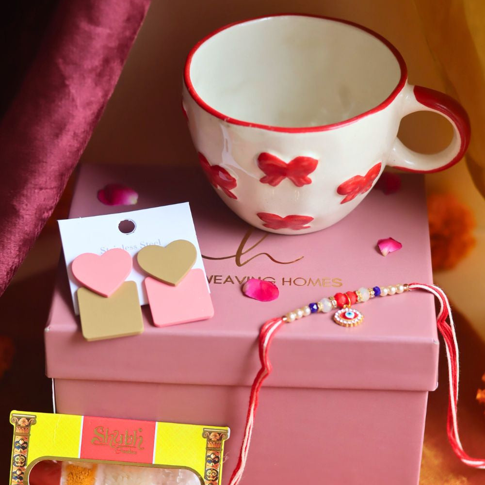 Rakhi Bow Mug gift box with Rakhi & Earrings crafted only for this rakhsha bandhan