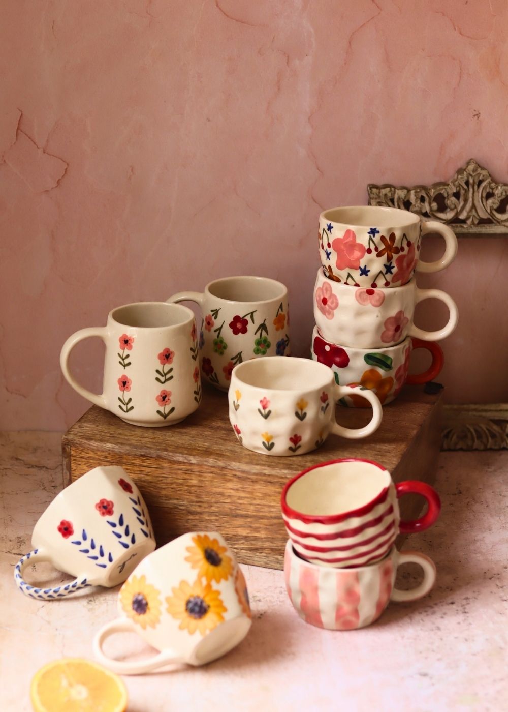 Set of 10 Morning Blossom Mugs (for the price of 7) handmade in India