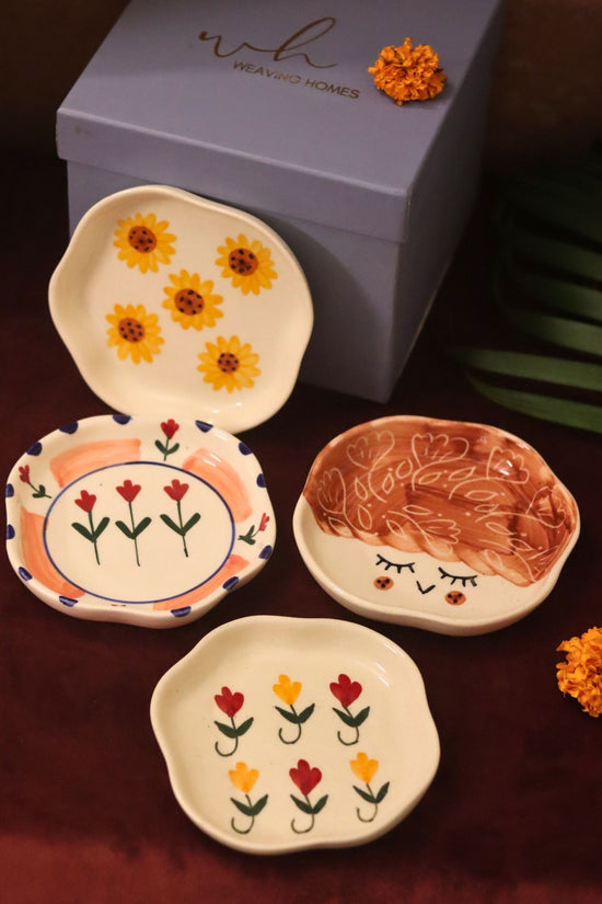 Set of 4 - Surajmukhi, Tweety, Peony & Pastel tulip handmade dessert plate combo in a Gift box with premium quality material
