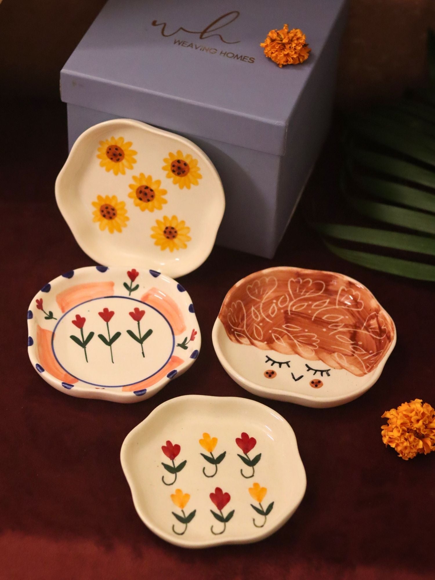 Set of 4 - Surajmukhi, Tweety, Peony & Pastel tulip handmade dessert plate combo in a Gift box with premium quality material