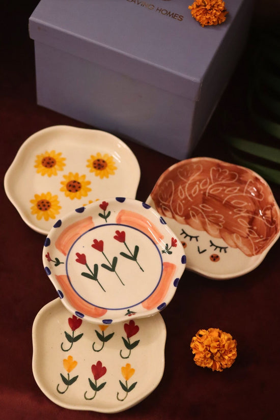Set of 4 - Surajmukhi, Tweety, Peony & Pastel tulip handmade dessert plate combo in a Gift box handmade in India
