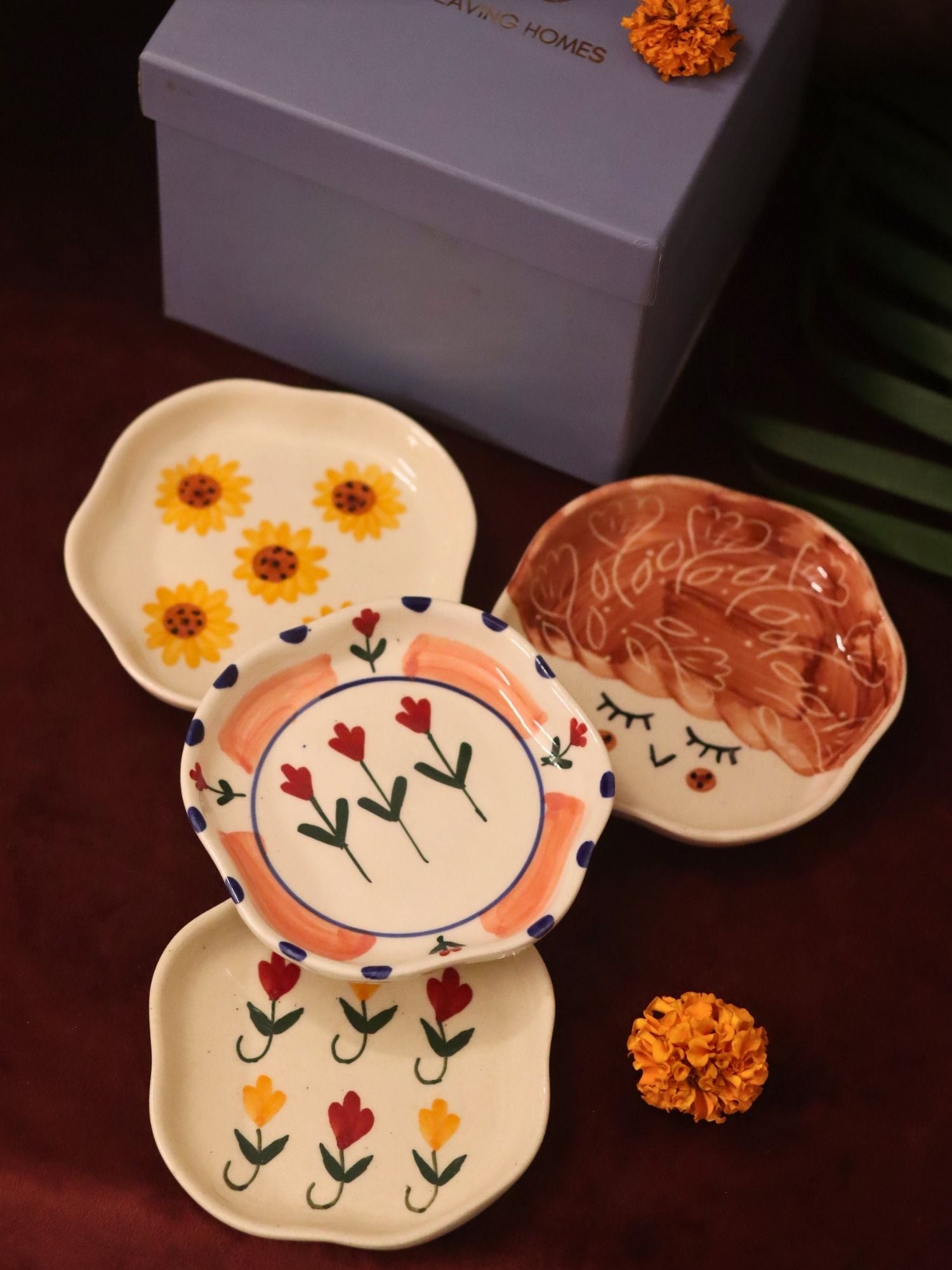 Set of 4 - Surajmukhi, Tweety, Peony & Pastel tulip handmade dessert plate combo in a Gift box handmade in India