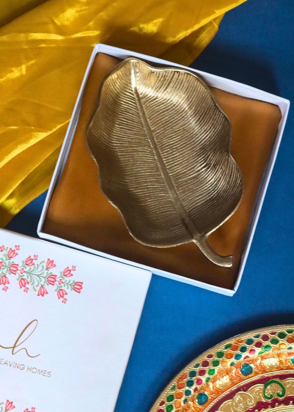 Gold-Plated Hazel Leaf Decorative Platter in a Gift Box handmade in india