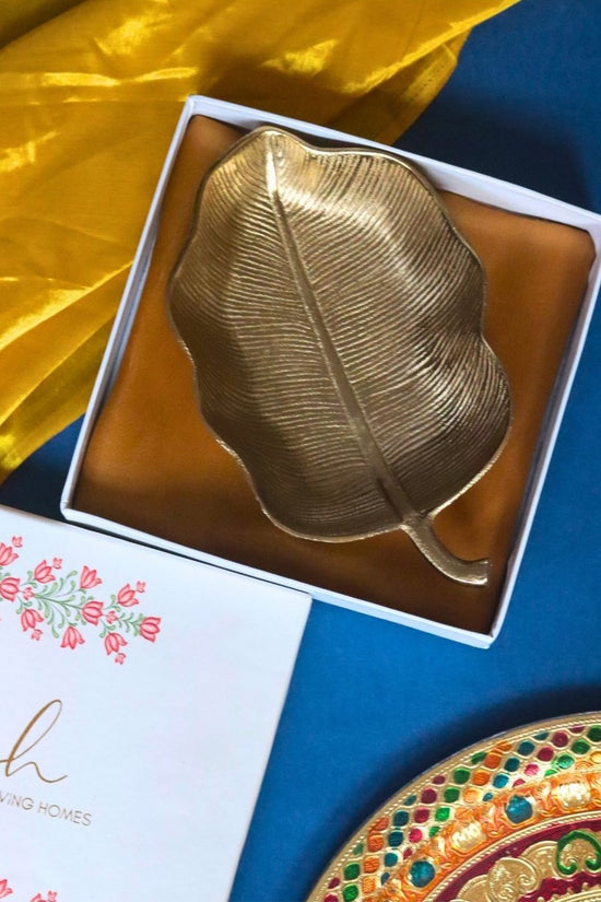 Gold-Plated Hazel Leaf Decorative Platter in a Gift Box handmade in india