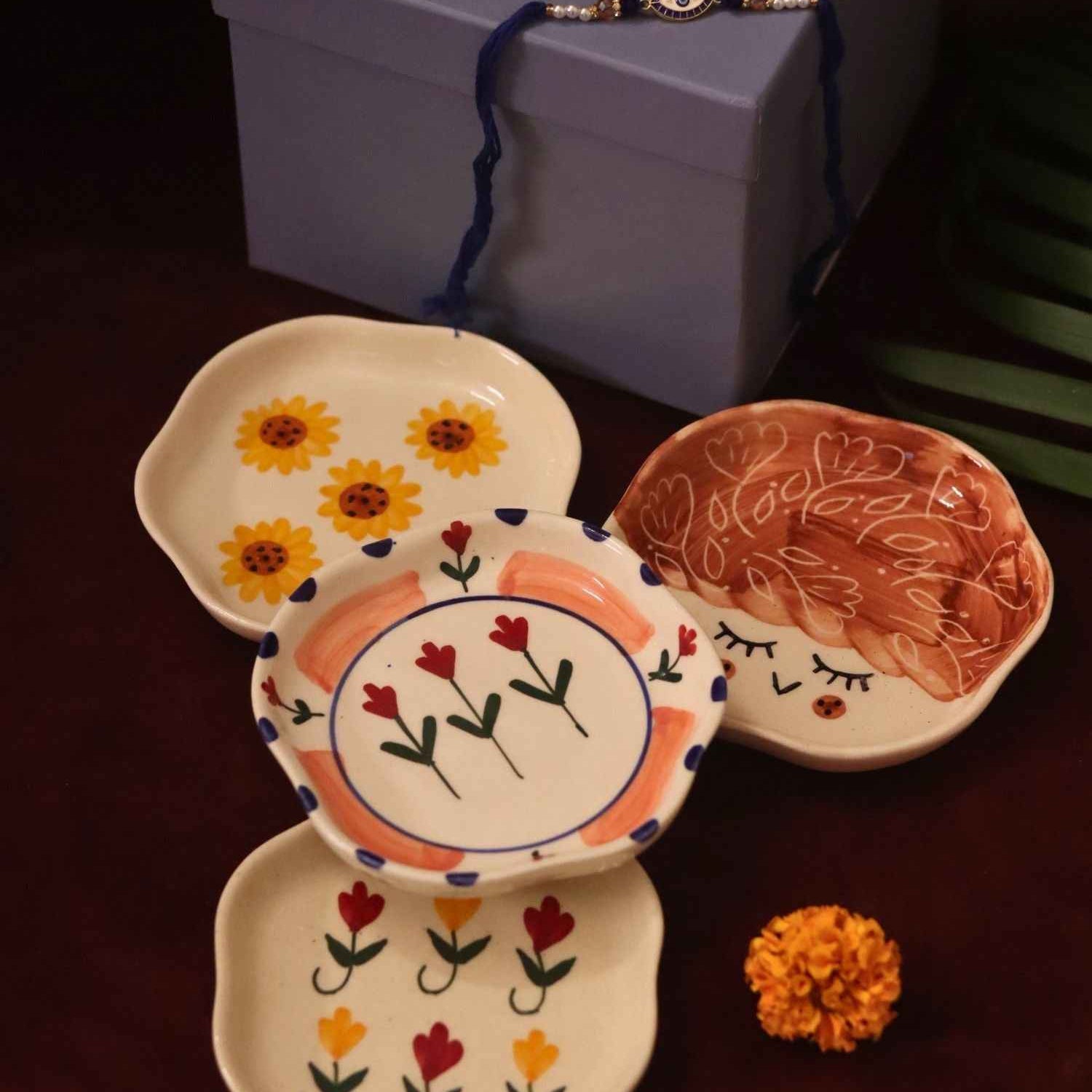 Set of 4 - Surajmukhi, Tweety, Peony & Pastel tulip handmade dessert plate combo Rakhi Gift box