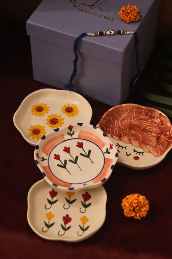 handmade lead free Set of 4 - Surajmukhi, Tweety, Peony & Pastel tulip handmade dessert plate combo Rakhi Gift box