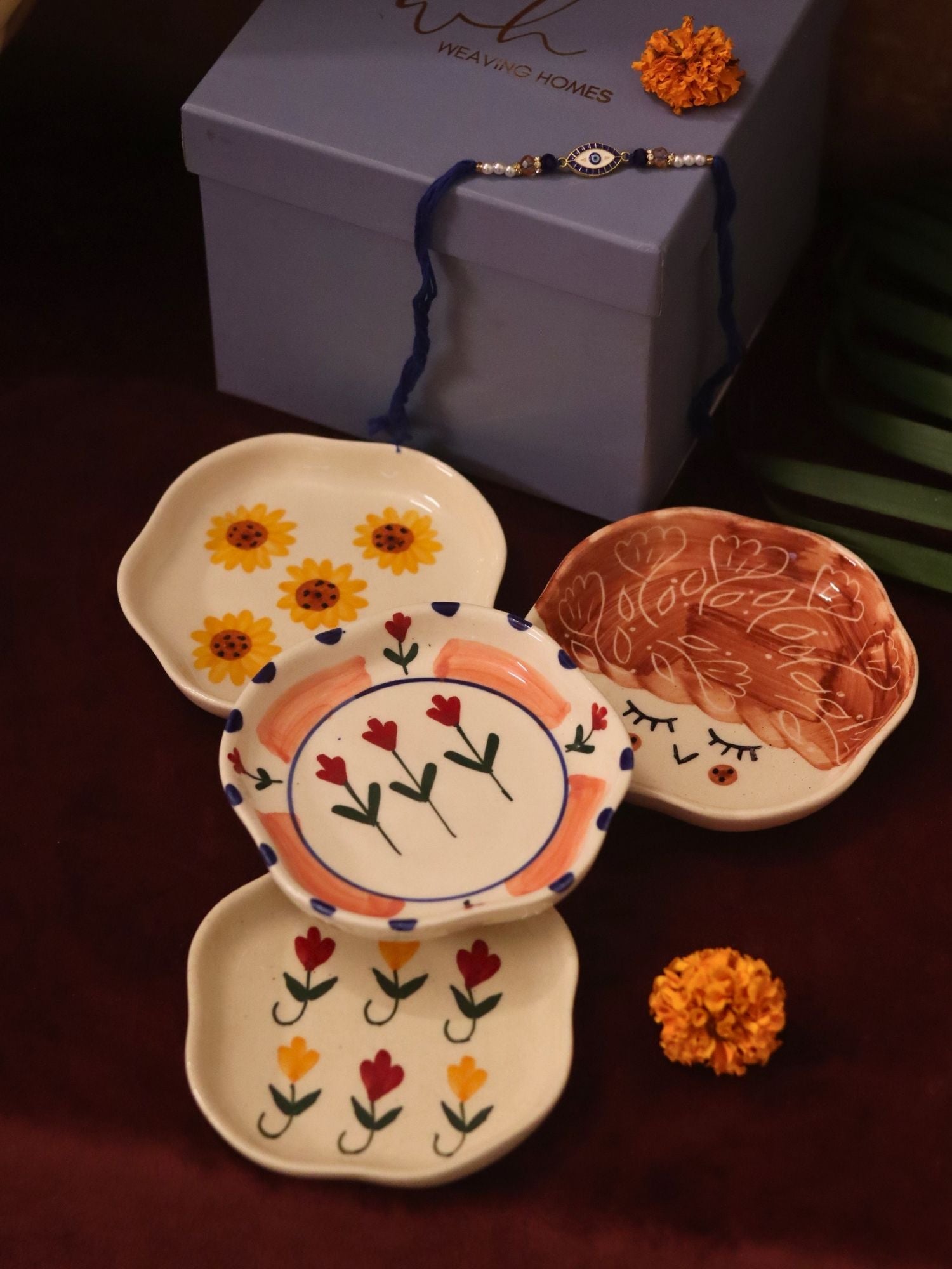 handmade lead free Set of 4 - Surajmukhi, Tweety, Peony & Pastel tulip handmade dessert plate combo Rakhi Gift box