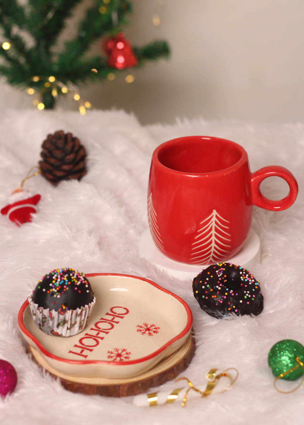 handmade red christmas tree mug & HOHOHO dessert plate made by ceramic 