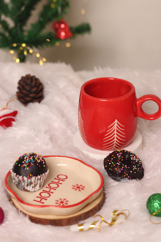 handmade red christmas tree mug & HOHOHO dessert plate made by ceramic 