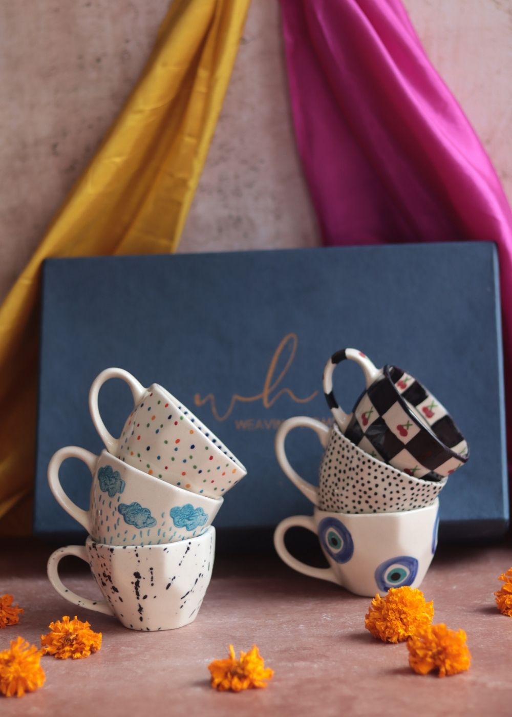 Set of 6 Black & Blue Artful Mugs (for the price of 5) Diwali Gift Box premium quality gift hamper