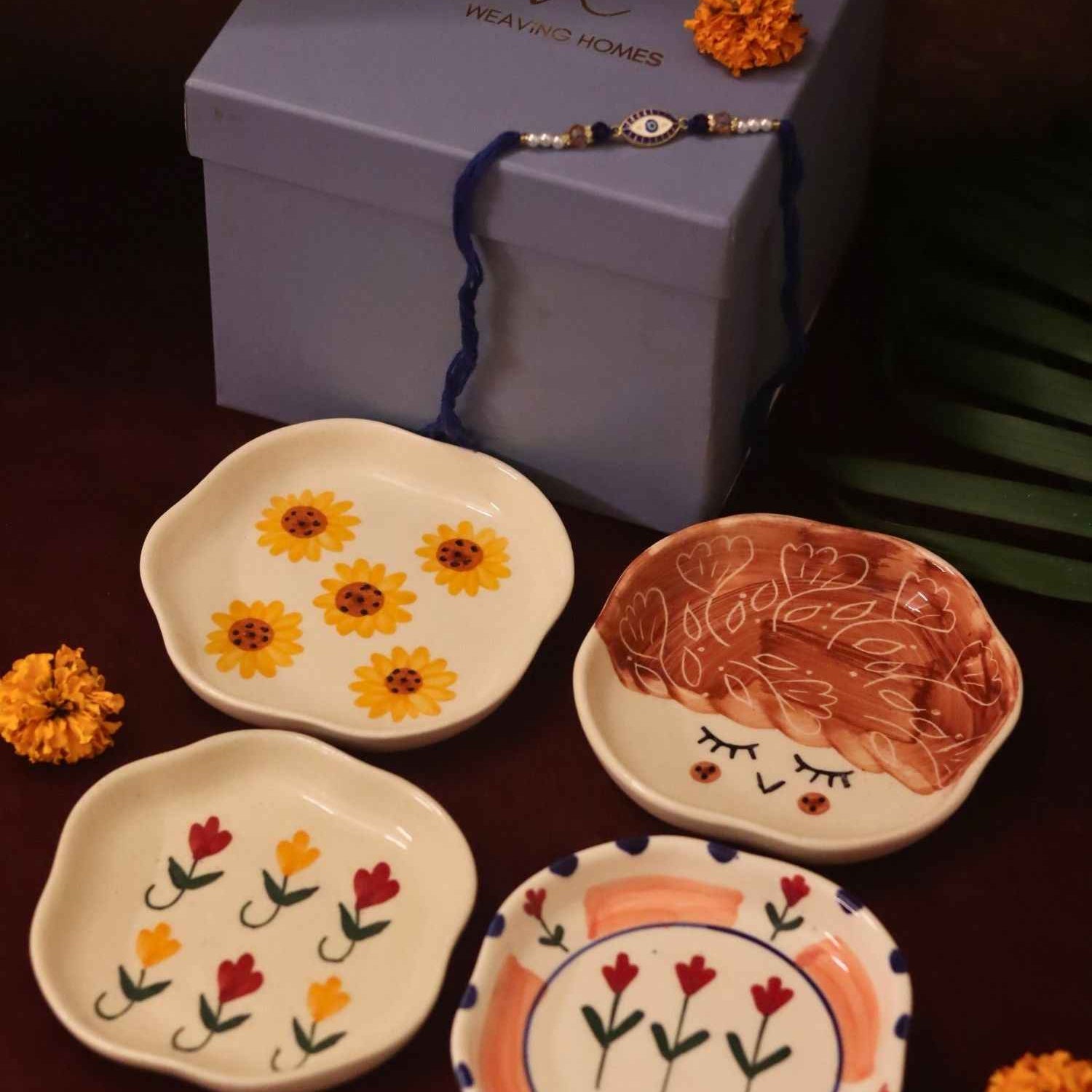 Set of 4 - Surajmukhi, Tweety, Peony & Pastel tulip handmade dessert plate combo Rakhi Gift box