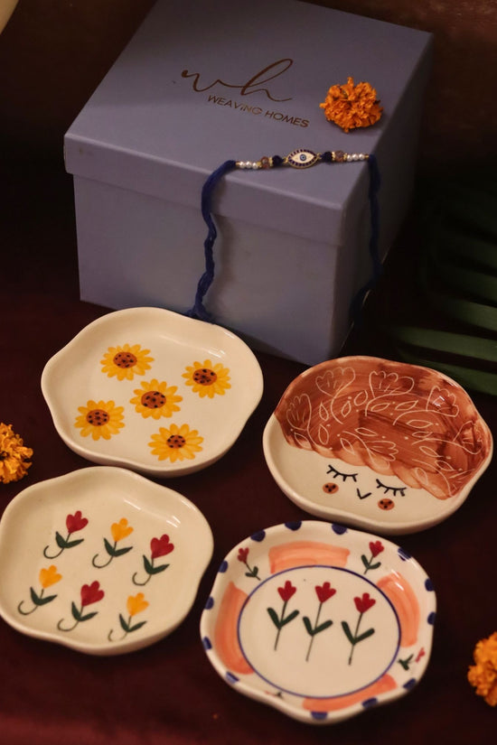 Set of 4 - Surajmukhi, Tweety, Peony & Pastel tulip handmade dessert plate combo Rakhi Gift box made by ceramic