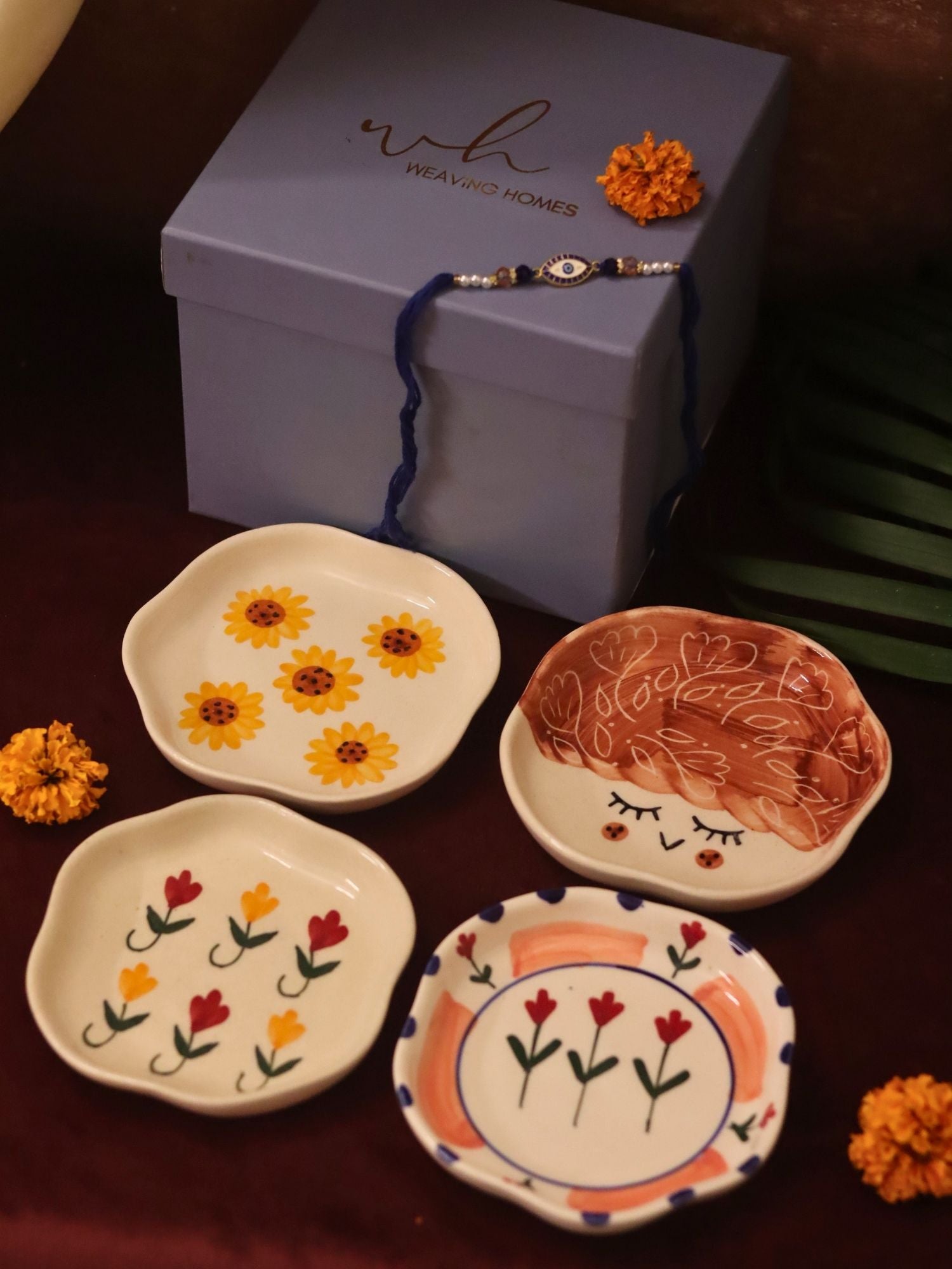 Set of 4 - Surajmukhi, Tweety, Peony & Pastel tulip handmade dessert plate combo Rakhi Gift box made by ceramic